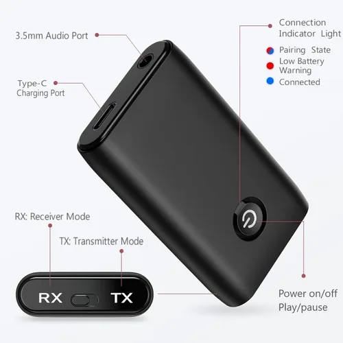 Vista 6 de LOFICOPER Receptor transmisor Bluetooth para automóvil, adaptador auxiliar Bluetooth 5.3 2 en 1, receptor de música inalámbrico para sistema estéreo
