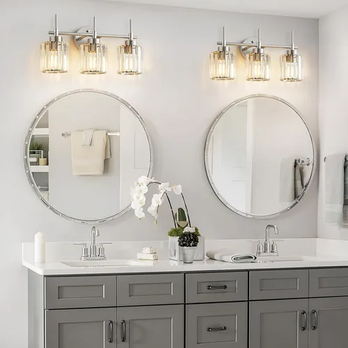 Vista 9 de EJIAXIN Lámparas de Baño de Cristal de 3 Luces, Luces de Espejo de Tocador de Níquel Cepillado, Lámparas de Pared Vintage de Cristal Montadas