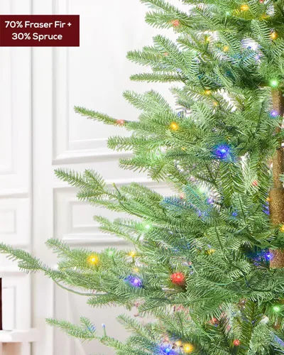 Vista 8 de Árbol de Navidad artificial de 6 pies preiluminado de abeto con control remoto, 450 luces multicolor blancas cálidas, con bisagras/sensación