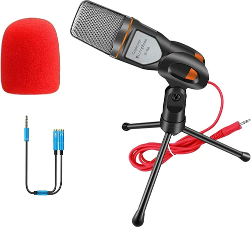 Vista 2 de Microfono para computadora, microfono de condensador, micrófono omnidireccional de 3.5 mm enchufar y reproducir con soporte de escritorio
