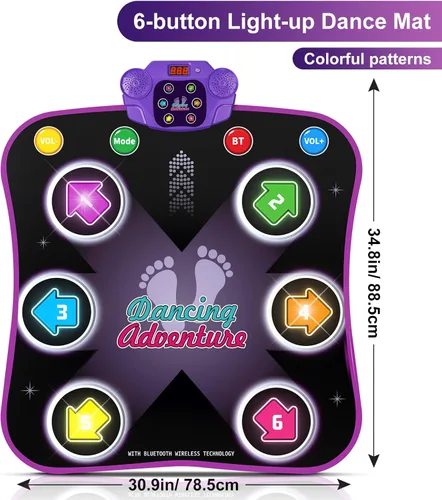 Vista 6 de Flooyes Alfombra de baile, juguetes para niños de 3 a 12 años, almohadilla de baile electrónica con 6 botones luminosos inalámbricos Bluetooth