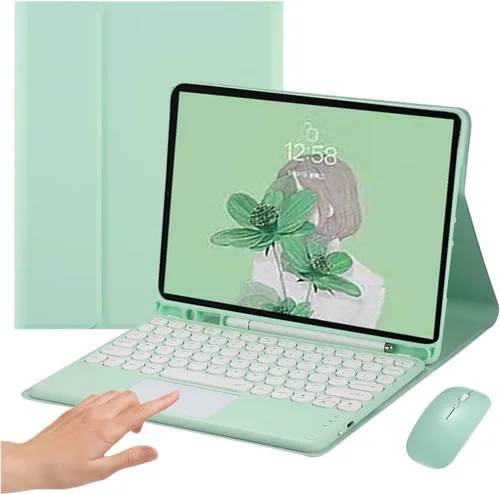 Vista 19 de Funda de teclado con panel táctil para iPad 6 iPad 5 Air 2 Pro de 9.7 pulgadas con teclado táctil retro de teclas redondas con ratón, teclado