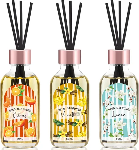 Vista 10 de Juego de 3 difusores de varillas de aceite aromático de eucalipto y cítricos de lino para el hogar, baño, decoración de oficina, difusor