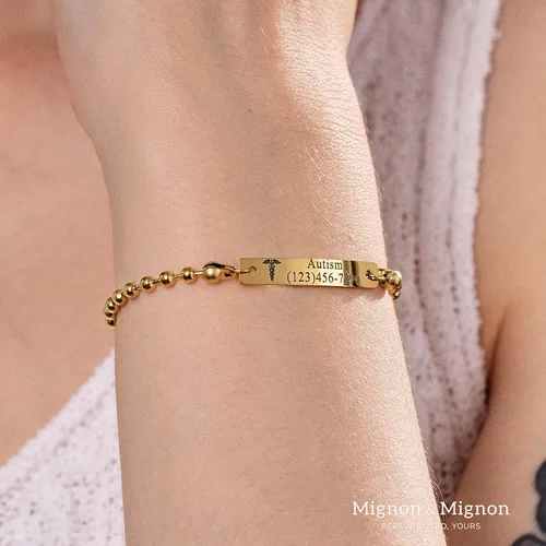 Vista 5 de MignonandMignon Identificación médica personalizada para mujeres, pulsera de alerta de diabetes grabada, cadena de bolas, joyería para niños