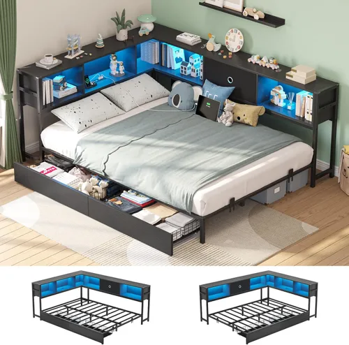 Vista 12 de Hasuit - Base de cama esquinera de tamaño matrimonial con cajones de almacenamiento y cabecera con estantería, plataforma de metal, estación