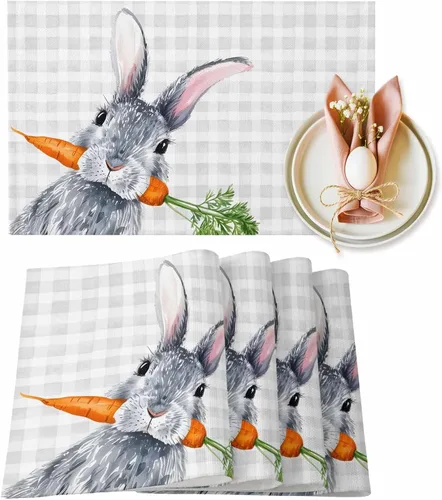 Vista 11 de Easter Placemats Funny Rabbit Carrots Place Mats for Dining Room Dinner Table Leaves Retro Washable Table Mats Spring Easter Day Kitchen Decorations
