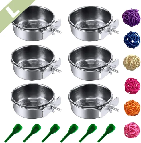 Vista 10 de PINVNBY Tazones de comida de acero inoxidable para pájaros, platos de alimentación de pájaros, cuenco de agua de loro con soporte de abrazadera