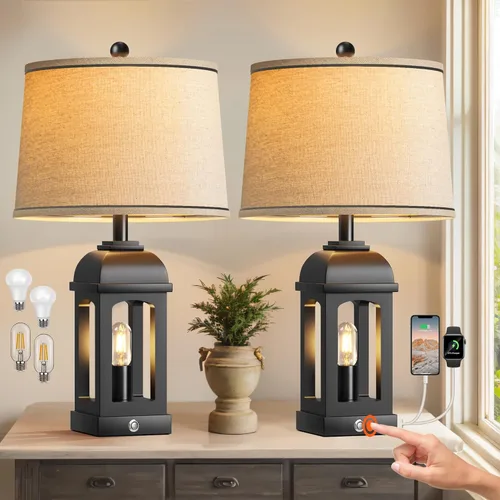 Vista 12 de QiMH Lámpara de mesa para sala de estar, lámparas de granja con USB A+C y luz nocturna, lámparas de noche rústicas de 26" con control táctil