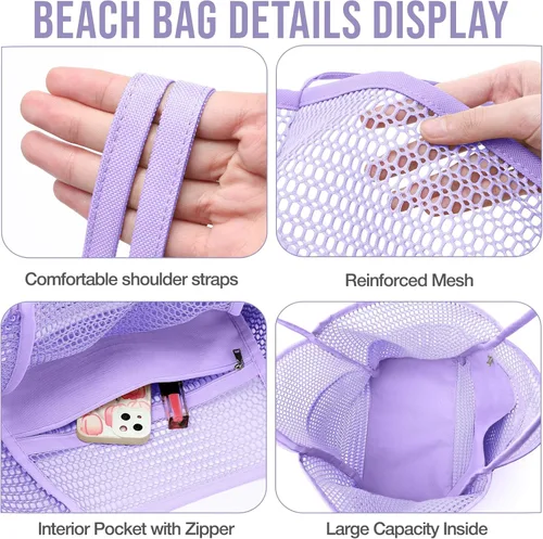 Vista 5 de KPX Bolsa de playa con mini bolsillo, bolsas de playa para mujer, bolsas de viaje grandes plegables de malla para piscina, a prueba de arena