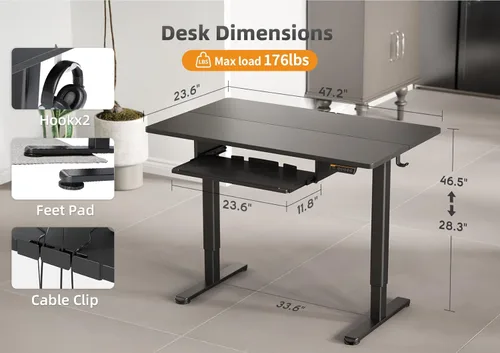 Vista 3 de Claiks Escritorio de pie con bandeja para teclado, escritorio de pie de altura ajustable, escritorios elevados para oficina en casa y estación