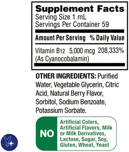 Vista 7 de Vitamina B12 líquida, 5000mcg, suplemento de metabolismo, baya, 2 fl oz Spring Valley y marcador de regalo de YOLOMOLO