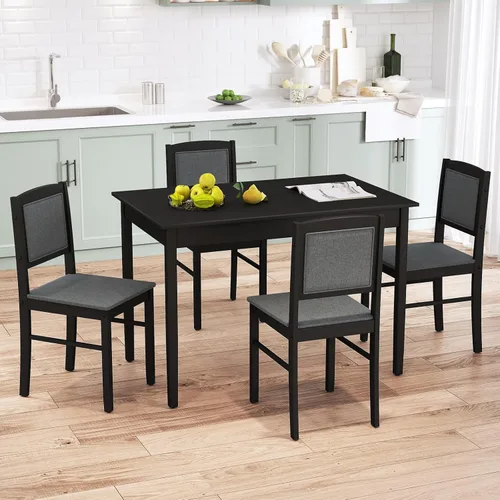 Vista 2 de Tangkula Juego de mesa de comedor para 4, juego de comedor de madera maciza de granja con patas de madera de goma, asiento tapizado y respaldo