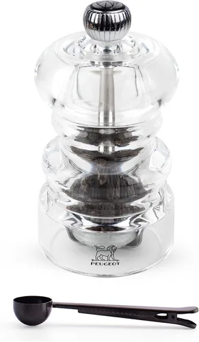 Peugeot - Molinillo de pimienta manual acrílico Nancy - Juego de regalo de molinillo ajustable transparente - Con cuchara de especias de acero
