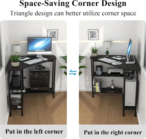 Vista 6 de Auromie Escritorio esquinero con tomas y puertos USB, mesa de esquina triangular de 90 grados con soporte para CPU y estantes de almacenamiento