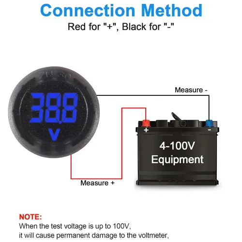 Vista 3 de Voltímetro digital para automóvil, 4 unidades, CC 4-28 V, 12 V, 24 V, voltímetro redondo de 2 cables, medidor de voltaje digital de CC para Azul