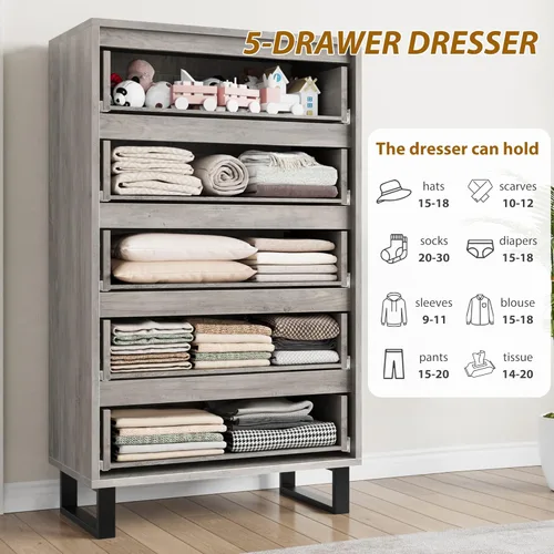 Vista 6 de GarveeHome 5 aparadores para dormitorio, cómoda de 50.5 pulgadas de alto, cajón horizontal independiente con almacenamiento, almacenamiento