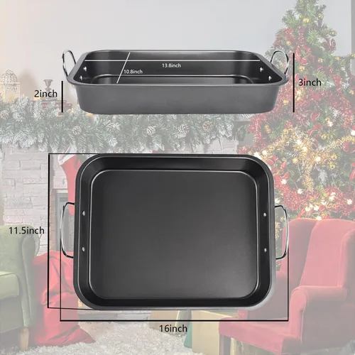 Vista 2 de [Usado] Kitcom - Sartén para asar antiadherente con estante, juego de asador rectangular de 16 pulgadas x 11.5 pulgadas para asar pavo, pollo, carne