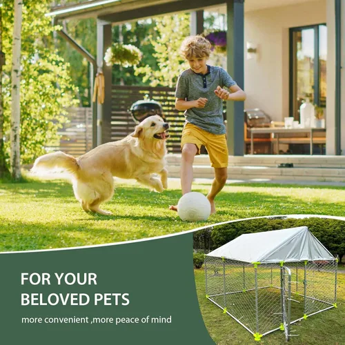 Vista 7 de Perrera grande para perros al aire libre, 7.5 x 7.5 pies, resistente con techo totalmente cubierto a prueba de rayos UV y lluvia, malla metálica