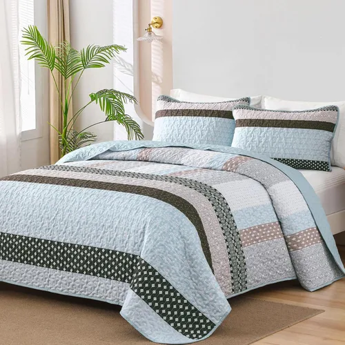Vista 18 de WONGS BEDDING Juego de edredón Boho tamaño Queen, juegos de colcha a rayas bohemio de 3 piezas, juego de ropa de cama acolchada en verde caqui