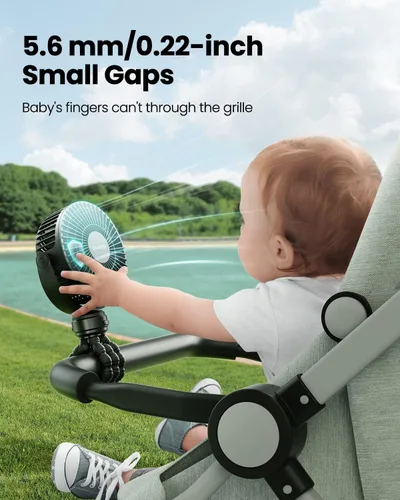 Vista 2 de Gaiatop Mini ventilador portátil para cochecito, funciona con pilas, pequeño clip, desmontable de 3 velocidades recargable, gira 360°, trípode