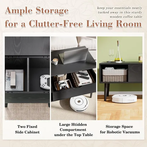 Vista 7 de OLIXIS Mesa auxiliar de madera con compartimento oculto y estante de almacenamiento grande, mesa central de comedor para el hogar, sala de estar