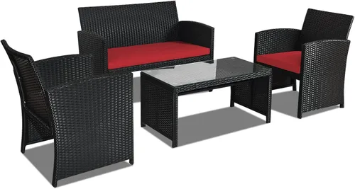 Vista 10 de Goplus Juego de muebles de ratán para patio, 4 piezas, sofá y mesa de mimbre para exteriores con cojines suaves y mesa de centro de vidrio templado