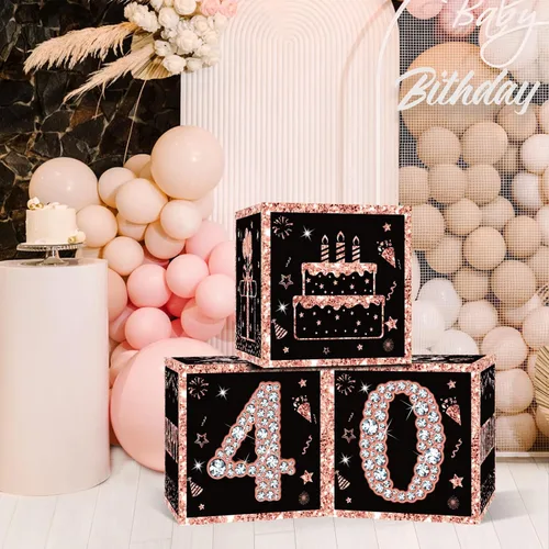 Vista 4 de Eiurteao 3 cajas de decoración de cumpleaños número 16 para niñas, cajas de globos de feliz cumpleaños de 16 años de oro rosa, suministros