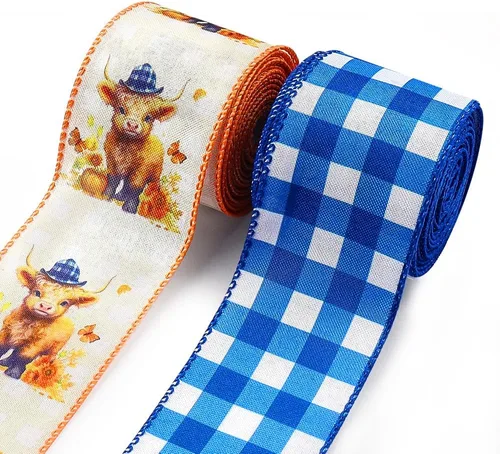 Estivaux 2 rollos de cintas de ganado alpino para manualidades, baby shower, borde con cable, cinta de búfalo azul, lazo rústico de arpillera de