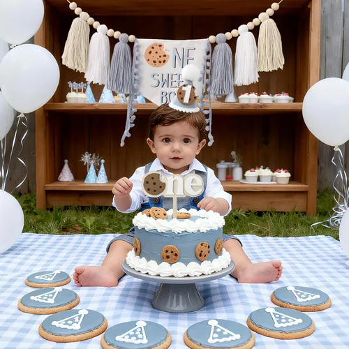 Vista 4 de DCJHFJ Cartel para silla alta con temática de galletas One Sweet Boy para decoración de fiesta de primer cumpleaños con sombrero de cumpleaños