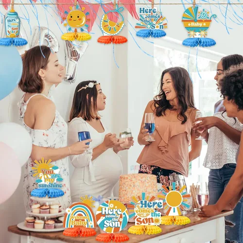 Vista 6 de Tarklanda 12 piezas Here Comes The Son - Decoración de nido de abeja, centro de mesa bohemio para baby shower, arco iris, sol, fiesta, decoración