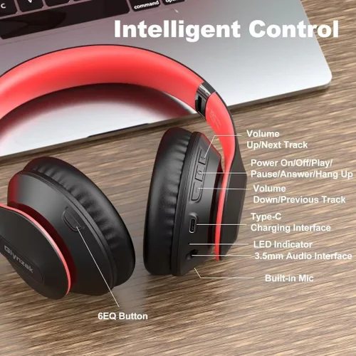 Vista 6 de Auriculares inalámbricos Bluetooth sobre la oreja con tiempo de reproducción de 65H, auriculares estéreo HiFi con micrófono y modos 6EQ, auriculares