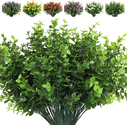 Vista 43 de RECUTMS - 8 ramas de flores artificiales, eucalipto artificial realistas, resiste rayos ultravioleta, para jardín, patio, boda, oficina y casa