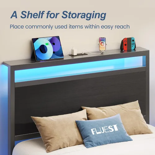 Vista 5 de Fluest Base de cama individual, base de cama individual con cabecera de almacenamiento y cajón de almacenamiento, estación de carga y luz LED,