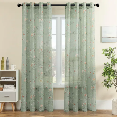 Vista 3 de XTMYI Cortinas transparentes verdes de hojas de 96 pulgadas de largo para sala de estar, puerta corrediza de cristal, juego de 2 paneles, cortinas