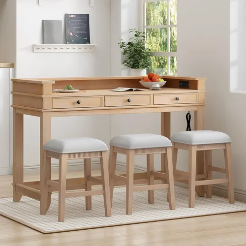 Vista 37 de Juego de mesa de comedor de 3 piezas con altura de mostrador, juego de comedor de madera maciza con 2 taburetes tapizados, mesa de comedor