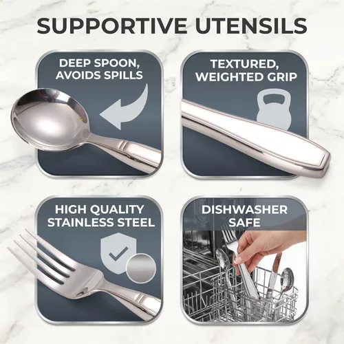 Vista 3 de Utensilios con peso para temblores y Parkinson, juego de cubiertos de acero inoxidable pesado, cubiertos adaptativos para comer que ayudan