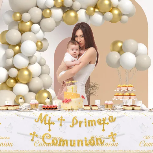 Vista 6 de AIBIIN 194 Piezas Decoraciones Mi Primera Comunión, Suministros para Fiesta de Primera Comunión Blanco y Dorado, Pancarta Temática de Bautismo