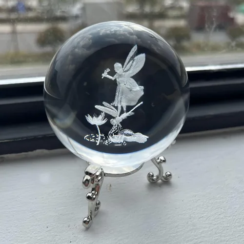Vista 3 de HDCRYSTALGIFTS Figuras de hada de cristal láser 3D de 2.3 pulgadas con libélula y loto, bola de cristal pisapapeles con base de soporte, grabado 3D