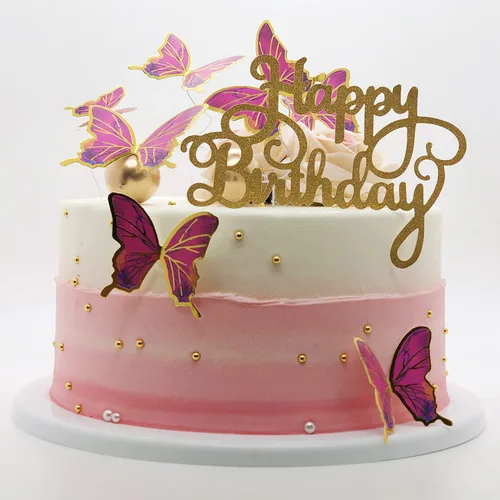 Vista 9 de 60 decoraciones de mariposa para cupcakes, oro rosa, mariposas 3D animadas con 2 decoraciones de feliz cumpleaños para decoración de pasteles