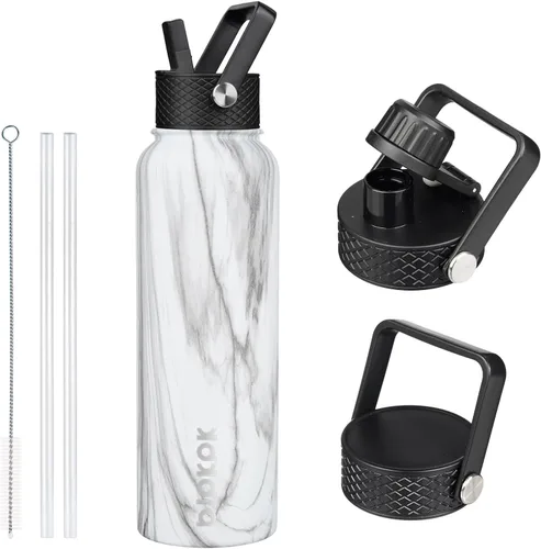 Vista 11 de BJPKPK - Botellas de agua aisladas con tapa de popote, botella de agua de acero inoxidable de 27 onzas con 3 tapas, termo de metal libre de BPA a