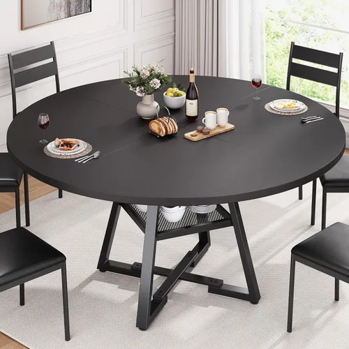 Vista 7 de Mesa de comedor redonda para 4, mesa de pedestal circular de cocina, comedor, mesa de pedestal, muebles de cocina y comedor de madera que ahorra