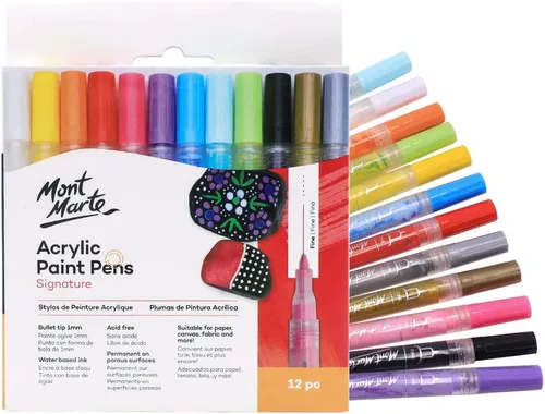Mont Marte Bolígrafos de pintura acrílica exclusiva, 12 piezas, impermeables, adecuados para la mayoría de superficies, incluyendo lienzo, tarjetas,