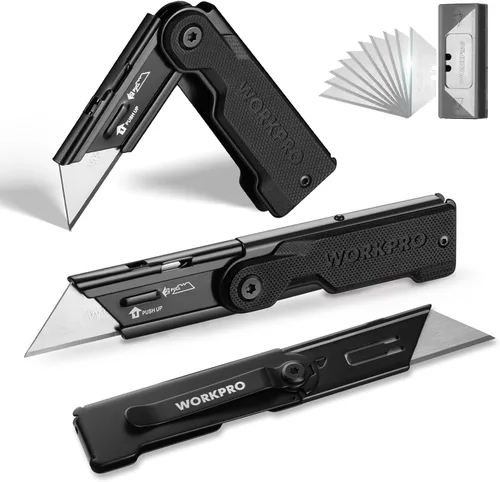 Vista 10 de WORKPRO Juego de 3 cuchillos plegables utilitarios, cortador de caja de cuchillas de cambio rápido, cuchillo de afeitar con clip para cinturón, 10