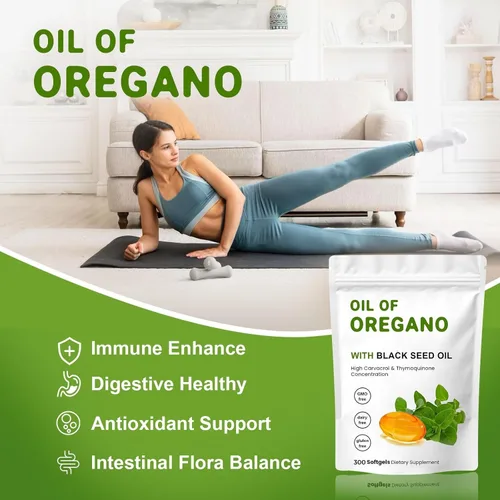 Vista 5 de Paquete de 2 cápsulas blandas de aceite de orégano, aceite de orégano 2 en 1 con aceite de semilla negra de 200 mg, sin gluten