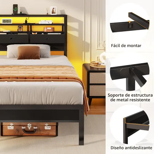 Vista 6 de Furnulem Base de cama individual con estación de carga y luces LED, cabecera de madera con 2 cajones de tela y estantes de almacenamiento, cama