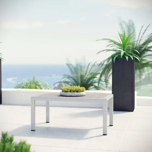 Vista 2 de Juego de sofá modular de aluminio Modway, de color plata y beige, para playa, exteriores, patio, juego de 3 unidades, Plateado/ gris
