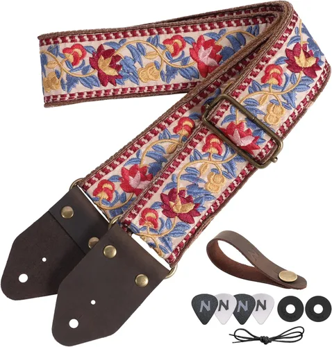 Vista 16 de Nefelibata Correa de guitarra, correas de guitarra de algodón bordado jacquard con extremos de cuero de caballo loco para bajo, eléctrico