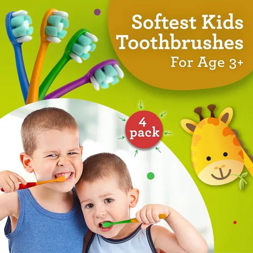 Vista 2 de GuruNanda Butter On Gums - Cepillo de dientes para niños, paquete de 4 cepillos de dientes de cerdas extra suaves para niños, multicolor y divertido