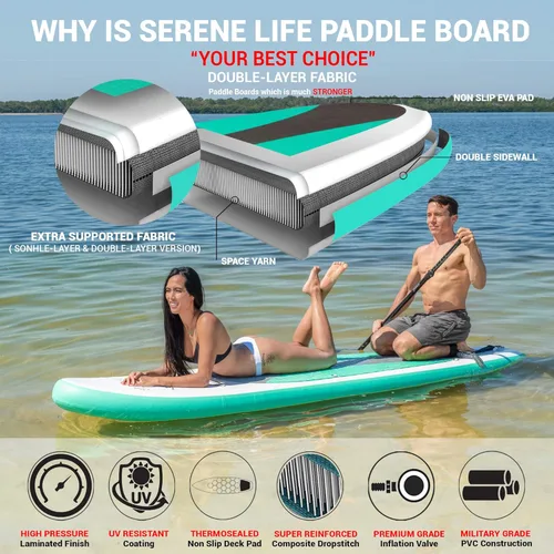 Vista 5 de SereneLife Tabla de remo inflable de pie, diseño amplio y estable, cubierta antideslizante para adultos y jóvenes con accesorios de tabla de remo