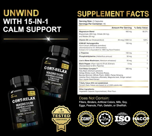Vista 2 de Suplemento de cortisol súper tranquilo con glicinato de magnesio, Ashwagandha - 90